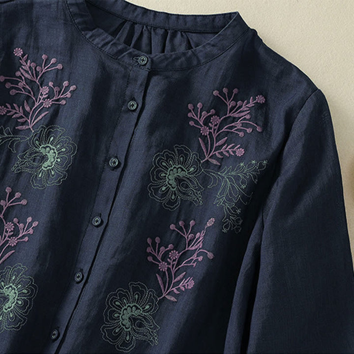 Buddha Stones Embroidery Pleated Design Stand Collar Three Quarter Sleeve Side Slit Hem Women's Shirt - image 4