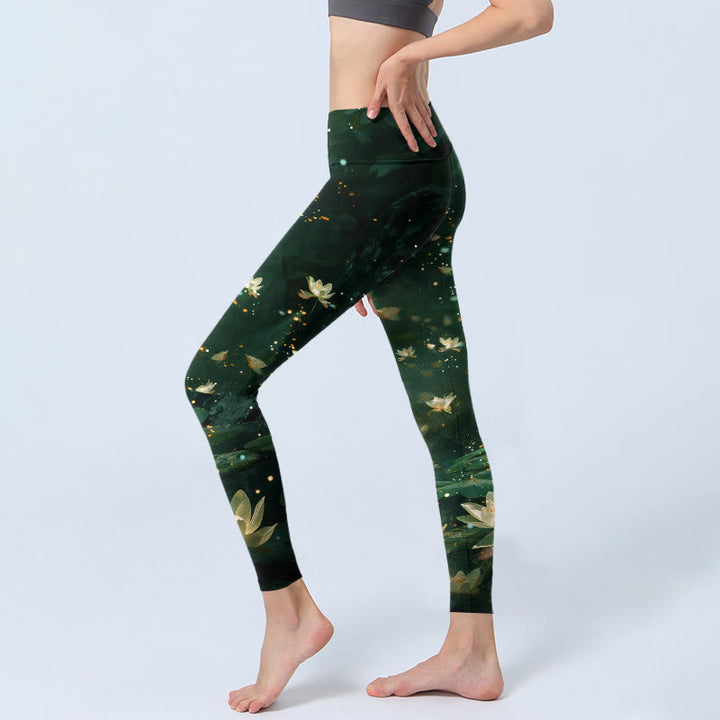 Buddha Stones Dreamlike Lotus Flower Leaf Print Gym Leggings Women's Yoga Pants - image 2