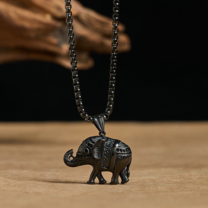 Buddha Stones Titanium Steel Elephant Strengthen Necklace Pendants - Black Titanium Steel Elephant - image 12