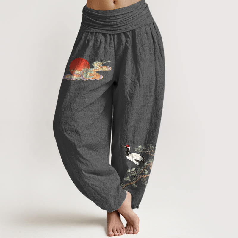 Buddha Stones Pure Cotton Concise Sun Cloud Crane Pine Tree Pattern Women's Elastic Waist Harem Pants - DimGray - US16，UK/AU20，EU48 (3XL) - image 11