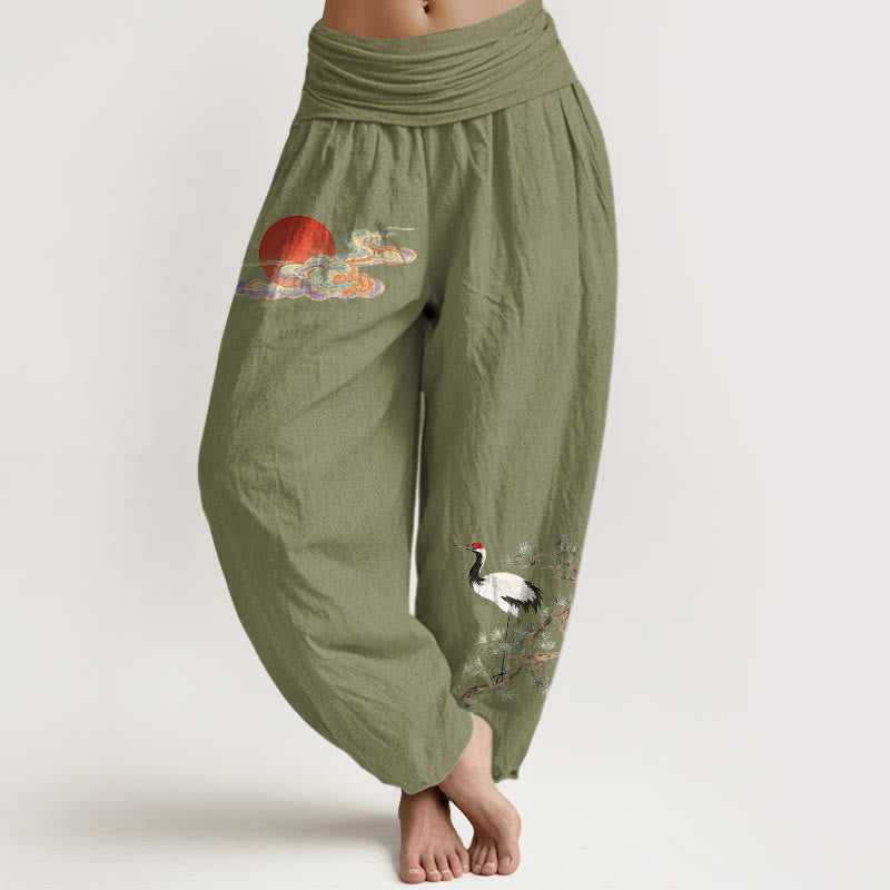 Buddha Stones Pure Cotton Concise Sun Cloud Crane Pine Tree Pattern Women's Elastic Waist Harem Pants - OliveDrab - US16，UK/AU20，EU48 (3XL) - image 14