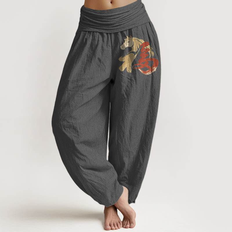 Buddha Stones Pure Cotton Year Of The Horse Fu Character Pattern Women's Elastic Waist Harem Pants - DimGray - US16，UK/AU20，EU48 (3XL) - image 8