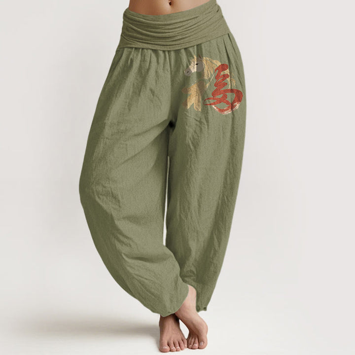 Buddha Stones Pure Cotton Year Of The Horse Fu Character Pattern Women's Elastic Waist Harem Pants - OliveDrab - US16，UK/AU20，EU48 (3XL) - image 14