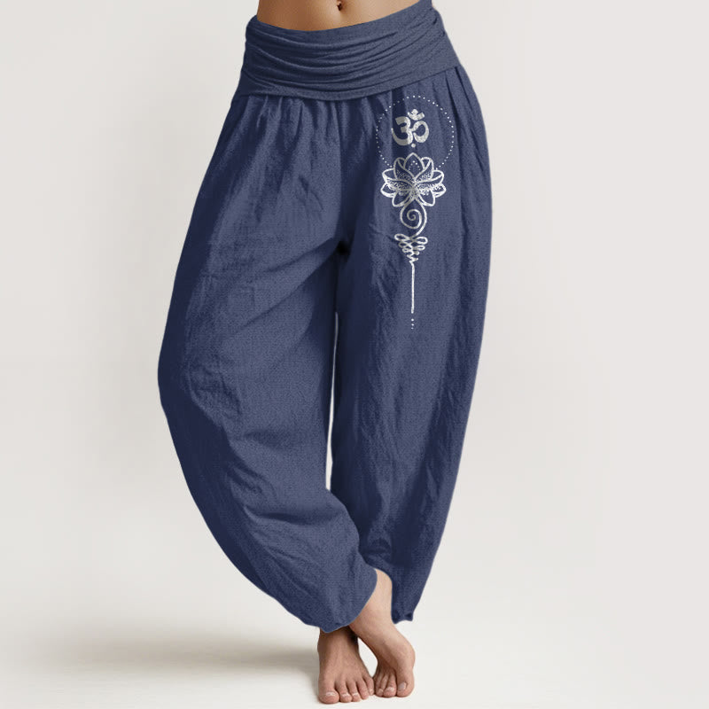 Buddha Stones Pure Cotton Minimalist Style Om Symbol Lotus Pattern Women's Elastic Waist Harem Pants - DarkSlateBlue - US16，UK/AU20，EU48 (3XL) - image 5