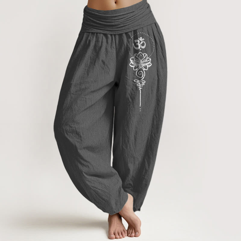 Buddha Stones Pure Cotton Minimalist Style Om Symbol Lotus Pattern Women's Elastic Waist Harem Pants - DimGray - US16，UK/AU20，EU48 (3XL) - image 8