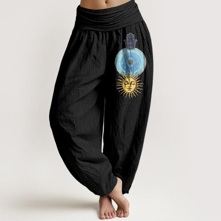 Buddha Stones Pure Cotton Minimalist Style Hamsa's Hand Sun Pattern Women's Elastic Waist Harem Pants - Black - US16，UK/AU20，EU48 (3XL) - image 0