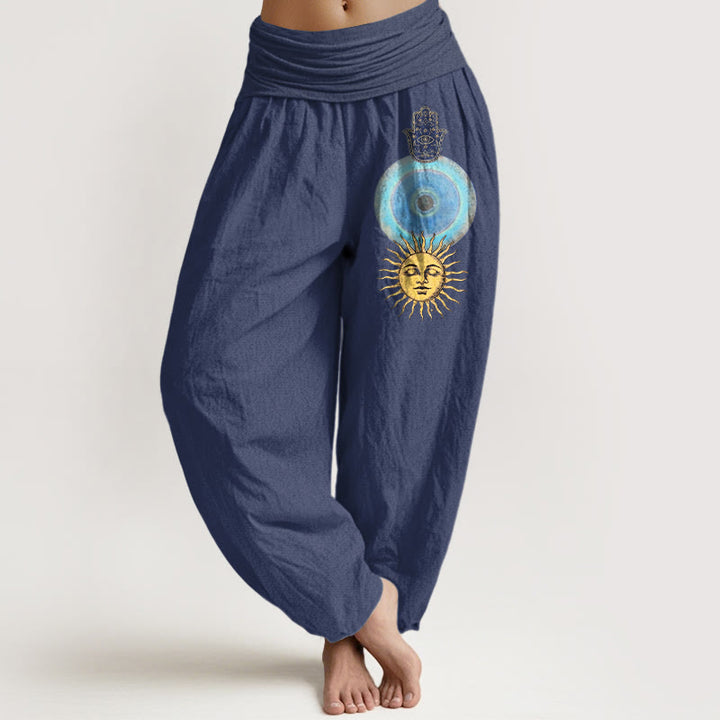 Buddha Stones Pure Cotton Minimalist Style Hamsa's Hand Sun Pattern Women's Elastic Waist Harem Pants - DarkSlateBlue - US16，UK/AU20，EU48 (3XL) - image 5