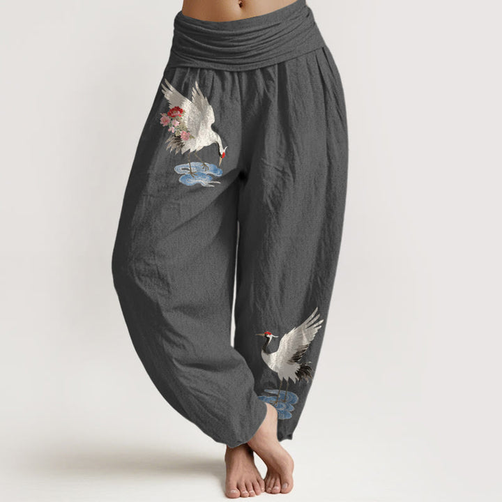 Buddha Stones Pure Cotton Elegant Crane Flower Cloud Pattern Women's Elastic Waist Harem Pants - DimGray - US16，UK/AU20，EU48 (3XL) - image 8