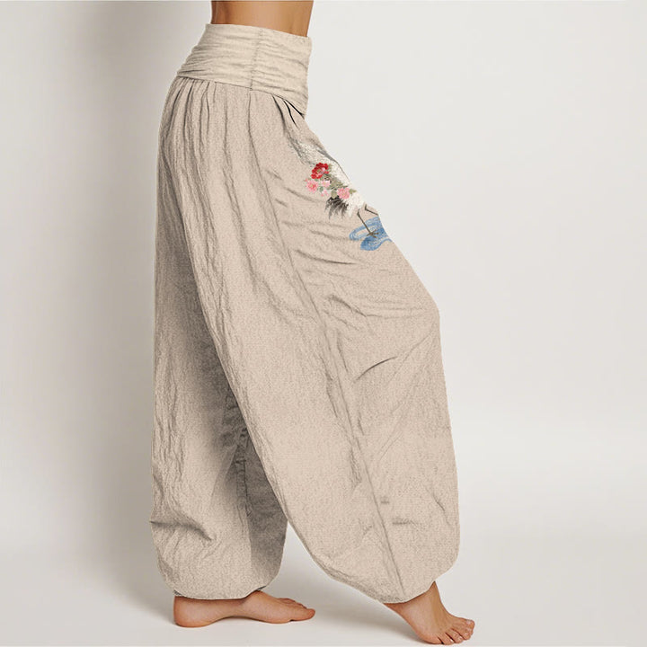 Buddha Stones Pure Cotton Elegant Crane Flower Cloud Pattern Women's Elastic Waist Harem Pants - image 13