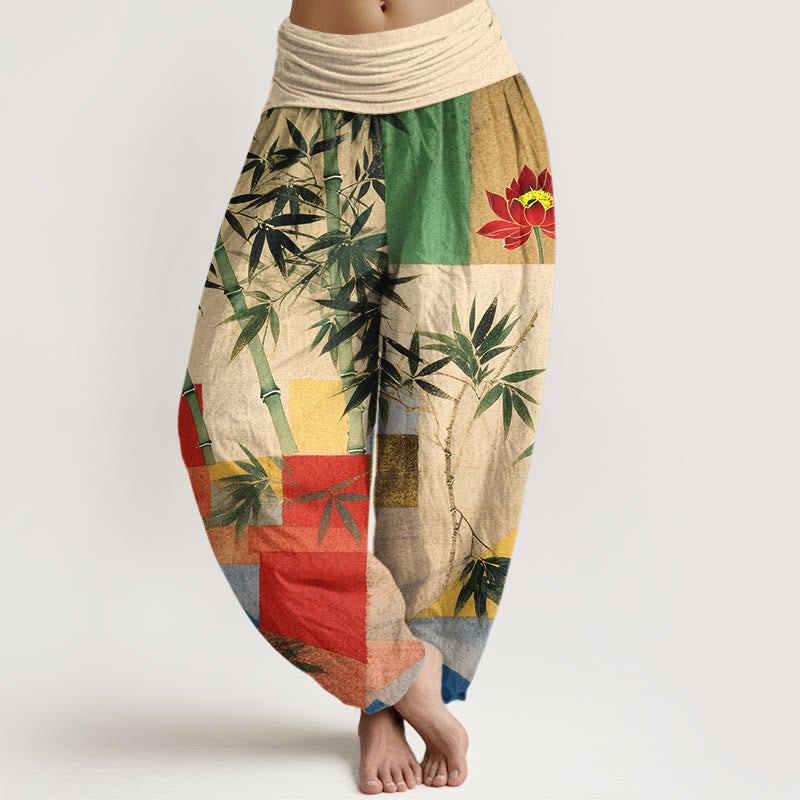 Buddha Stones Cotton Colorful Bamboo Lotus Geometric Shapes Pattern Women's Elastic Waist Harem Pants - LemonChiffon - US16，UK/AU20，EU48 (3XL) - image 0