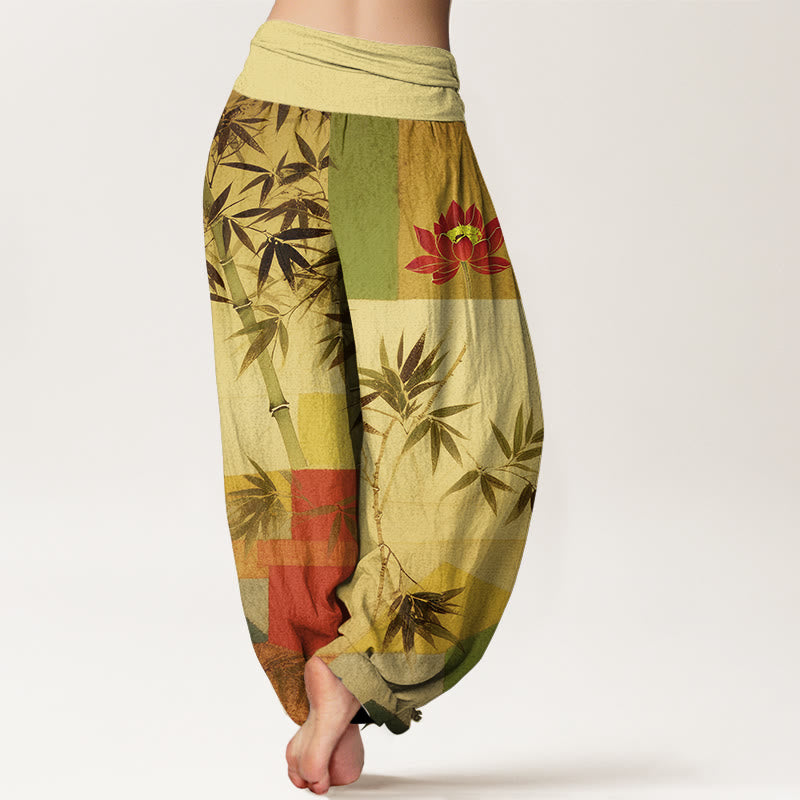 Buddha Stones Cotton Colorful Bamboo Lotus Geometric Shapes Pattern Women's Elastic Waist Harem Pants - image 9