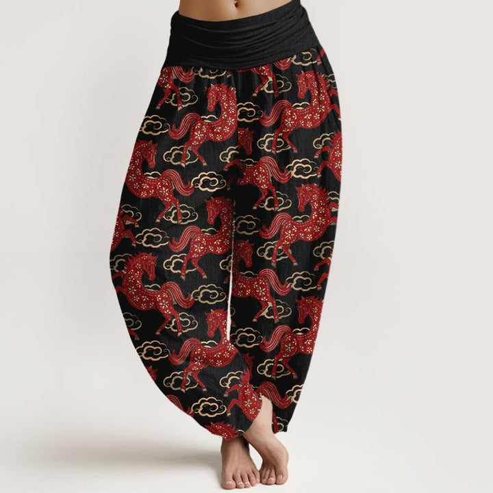 Buddha Stones Cotton Gorgeous Horse Cloud Pattern Women's Elastic Waist Harem Pants - Black - US16，UK/AU20，EU48 (3XL) - image 0