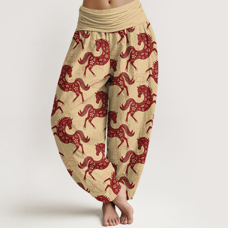 Buddha Stones Cotton Gorgeous Horse Cloud Pattern Women's Elastic Waist Harem Pants - Khaki - US16，UK/AU20，EU48 (3XL) - image 8