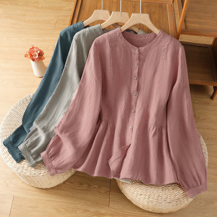 Buddha Stones Fall Commute Patchwork Plain Design Long Sleeve Women's Cotton Buttons Shirt - image 25