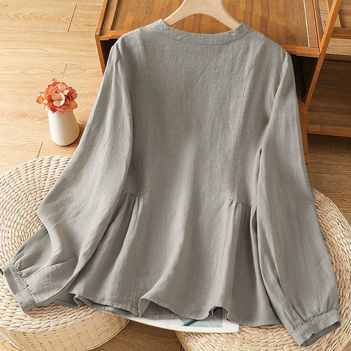 Buddha Stones Fall Commute Patchwork Plain Design Long Sleeve Women's Cotton Buttons Shirt - image 10