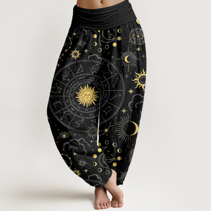 Buddha Stones Cotton Gorgeous Sun Moon Star Constellation Cloud Pattern Women's Elastic Waist Harem Pants - Black - US16，UK/AU20，EU48 (3XL) - image 5