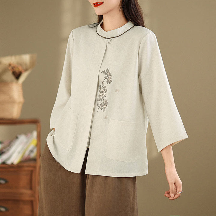 Buddha Stones Commute Embroidery Floral Pattern Three Quarter Sleeve Women's Cotton Shirt With Pockets - Linen - US8-10，UK/AU12-14，EU40-42 (2XL) - image 7