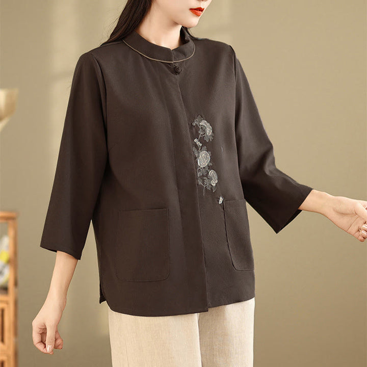 Buddha Stones Commute Embroidery Floral Pattern Three Quarter Sleeve Women's Cotton Shirt With Pockets - image 2