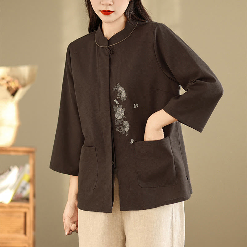 Buddha Stones Commute Embroidery Floral Pattern Three Quarter Sleeve Women's Cotton Shirt With Pockets - image 3