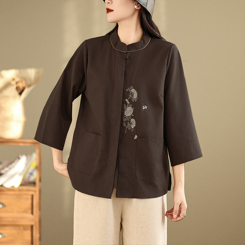 Buddha Stones Commute Embroidery Floral Pattern Three Quarter Sleeve Women's Cotton Shirt With Pockets - image 0