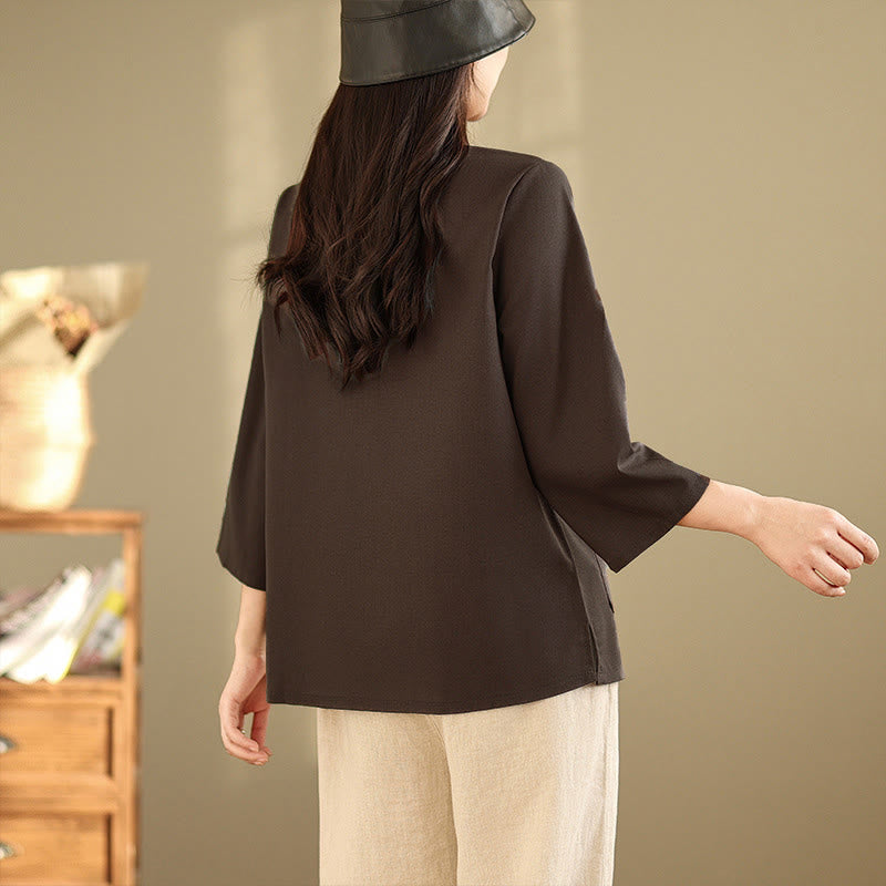 Buddha Stones Commute Embroidery Floral Pattern Three Quarter Sleeve Women's Cotton Shirt With Pockets - image 5