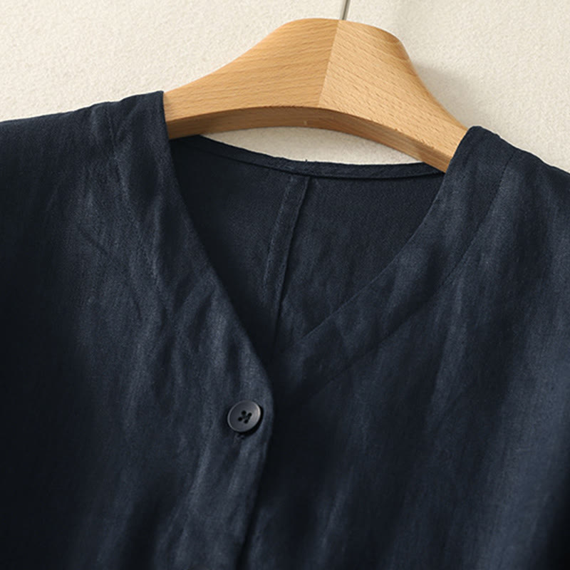 Buddha Stones Summer Solid Color V-Neck Buttons Simple Design Women's Short Sleeve Shirt - image 15