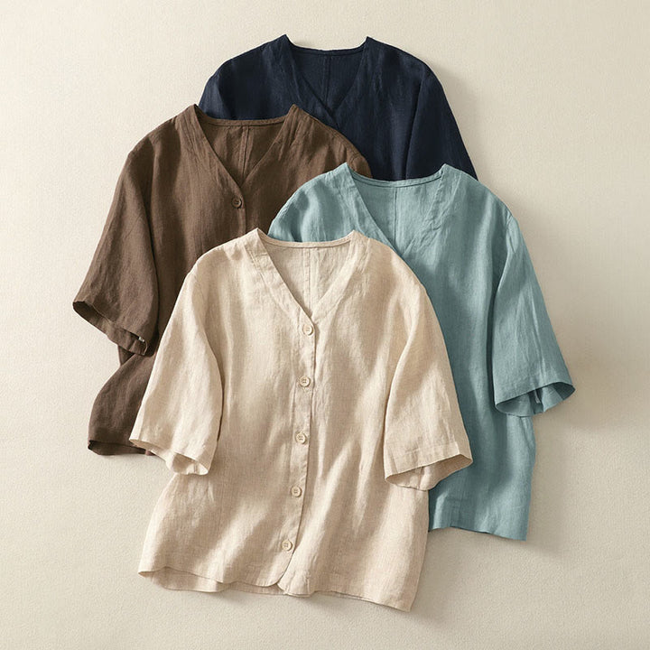 Buddha Stones Summer Solid Color V-Neck Buttons Simple Design Women's Short Sleeve Shirt - image 22