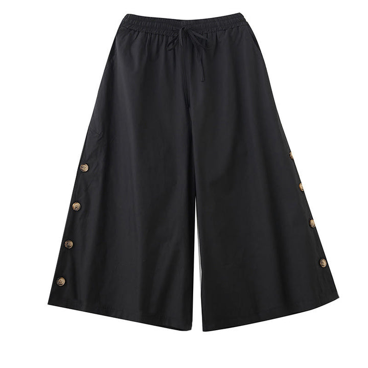 Buddha Stones Plain Buttoned Side Design Capri Cropped Women's Wide Leg Pants With Pockets - image 9