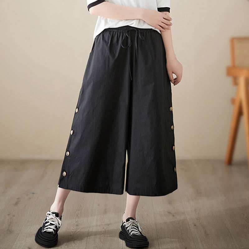 Buddha Stones Plain Buttoned Side Design Capri Cropped Women's Wide Leg Pants With Pockets - image 6