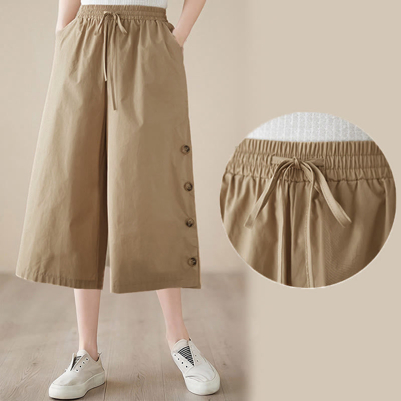 Buddha Stones Plain Buttoned Side Design Capri Cropped Women's Wide Leg Pants With Pockets - image 18