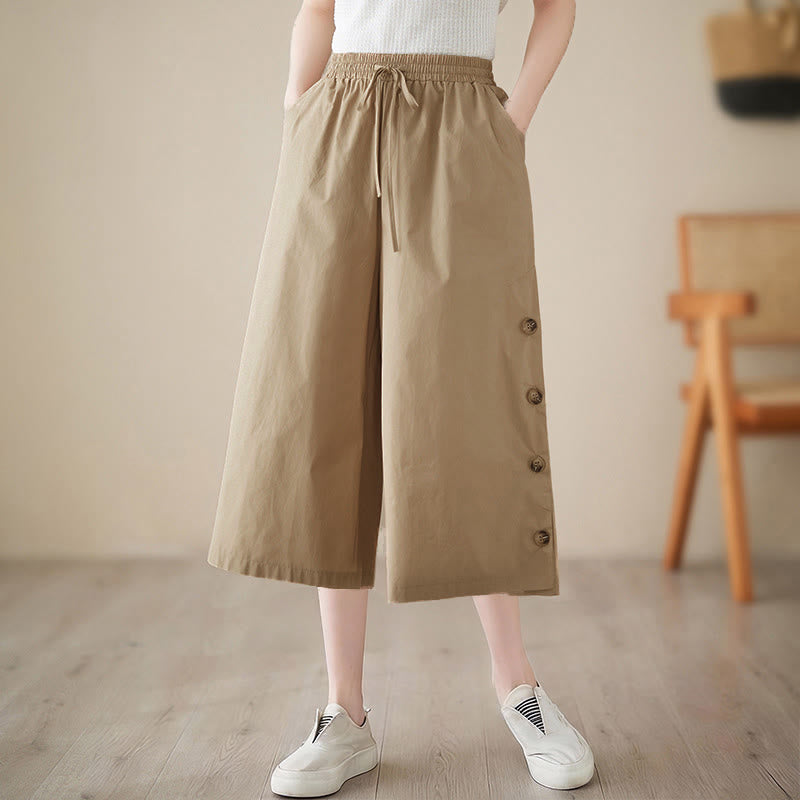 Buddha Stones Plain Buttoned Side Design Capri Cropped Women's Wide Leg Pants With Pockets - BurlyWood - US8-10，UK/AU12-14，EU40-42 (2XL) - image 14