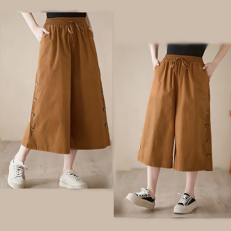 Buddha Stones Plain Buttoned Side Design Capri Cropped Women's Wide Leg Pants With Pockets - image 4