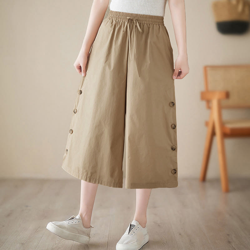 Buddha Stones Plain Buttoned Side Design Capri Cropped Women's Wide Leg Pants With Pockets - image 15