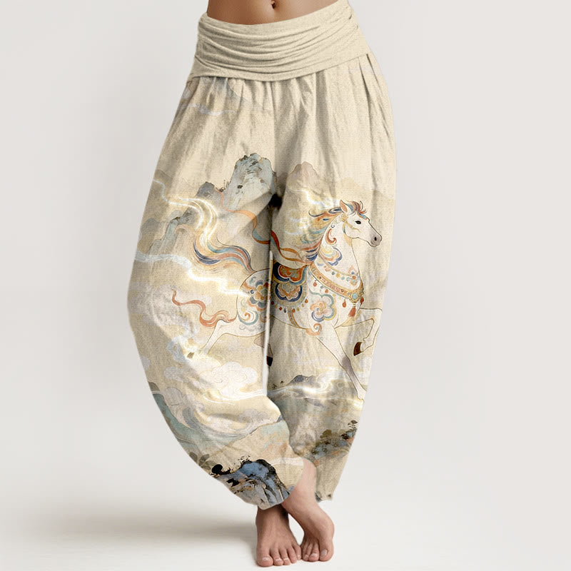 Buddha Stones Cotton Gorgeous Mountain Horse Cloud Pattern Women's Elastic Waist Harem Pants - LightGoldenrodYellow - US16，UK/AU20，EU48 (3XL) - image 5