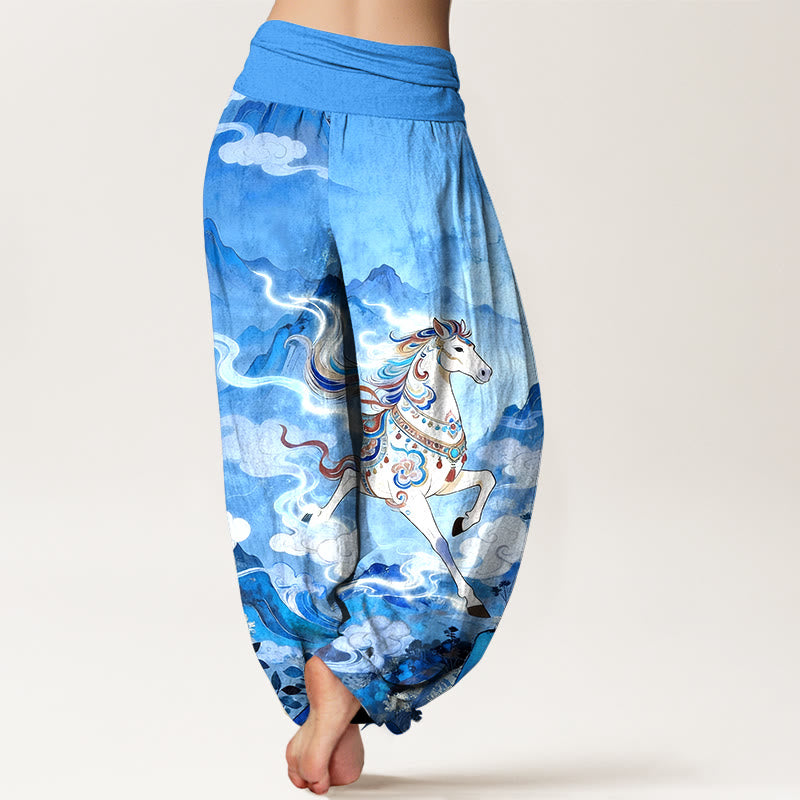 Buddha Stones Cotton Gorgeous Mountain Horse Cloud Pattern Women's Elastic Waist Harem Pants - image 9