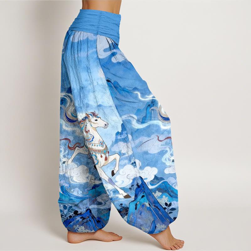 Buddha Stones Cotton Gorgeous Mountain Horse Cloud Pattern Women's Elastic Waist Harem Pants - image 10