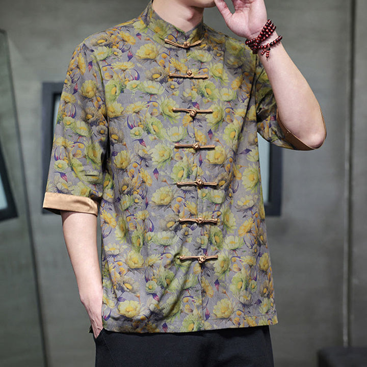 Buddha Stones Summer Colorful Floral Leaves Pattern Short Sleeve Frog-button Design Men's Cotton Shirt - image 9