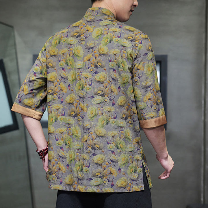 Buddha Stones Summer Colorful Floral Leaves Pattern Short Sleeve Frog-button Design Men's Cotton Shirt - image 10