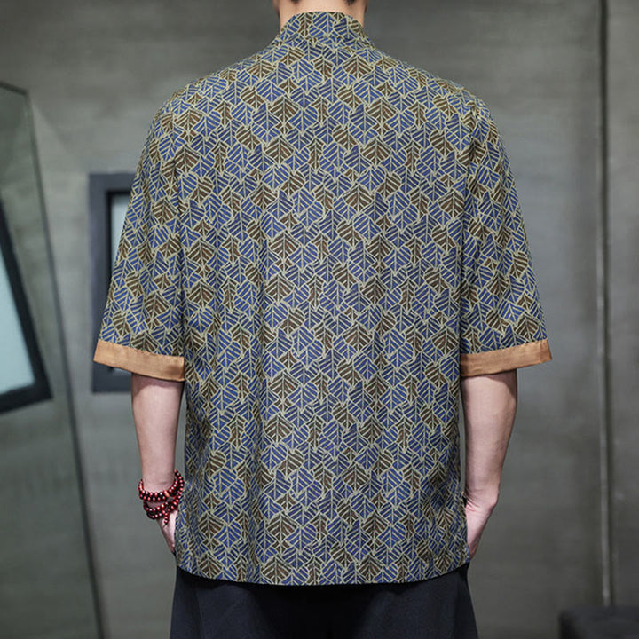 Buddha Stones Summer Colorful Floral Leaves Pattern Short Sleeve Frog-button Design Men's Cotton Shirt - image 22