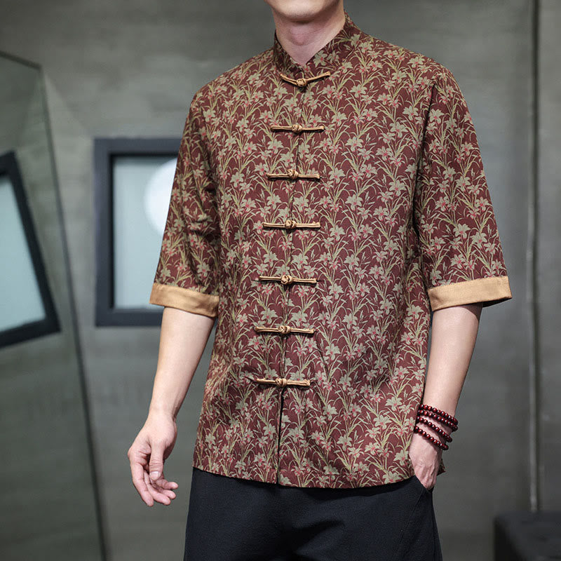 Buddha Stones Summer Colorful Floral Leaves Pattern Short Sleeve Frog-button Design Men's Cotton Shirt - DarkRed - US/UK/AU46，EU56 (5XL) - image 0