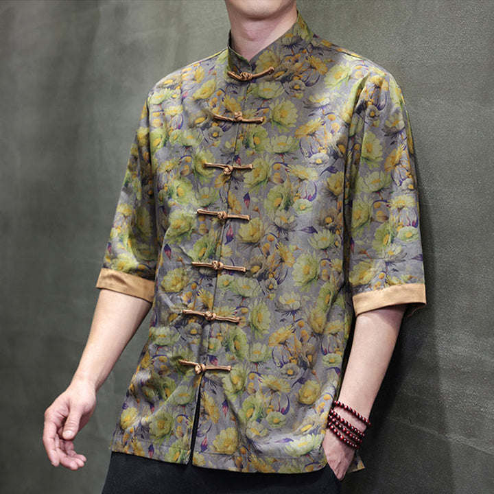 Buddha Stones Summer Colorful Floral Leaves Pattern Short Sleeve Frog-button Design Men's Cotton Shirt - image 12
