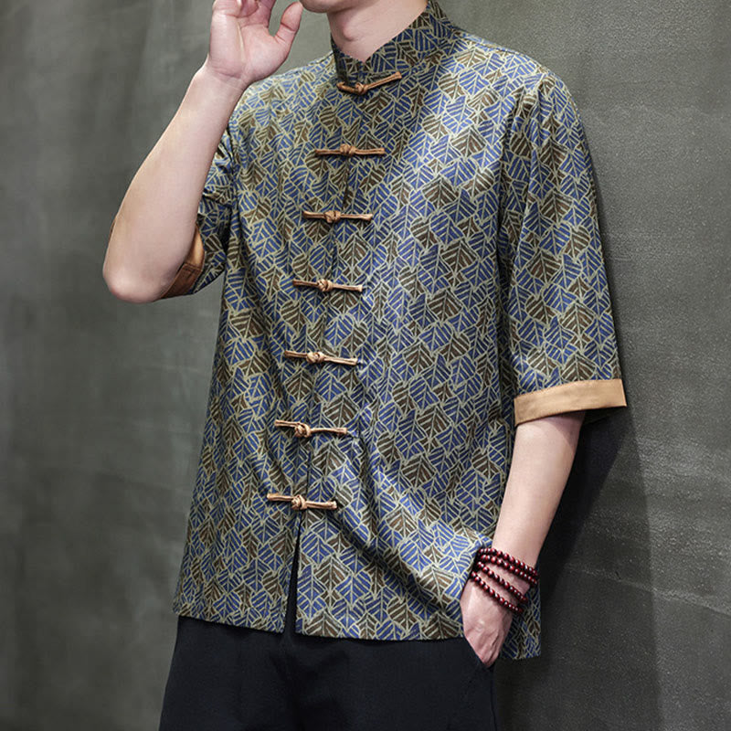 Buddha Stones Summer Colorful Floral Leaves Pattern Short Sleeve Frog-button Design Men's Cotton Shirt - image 24