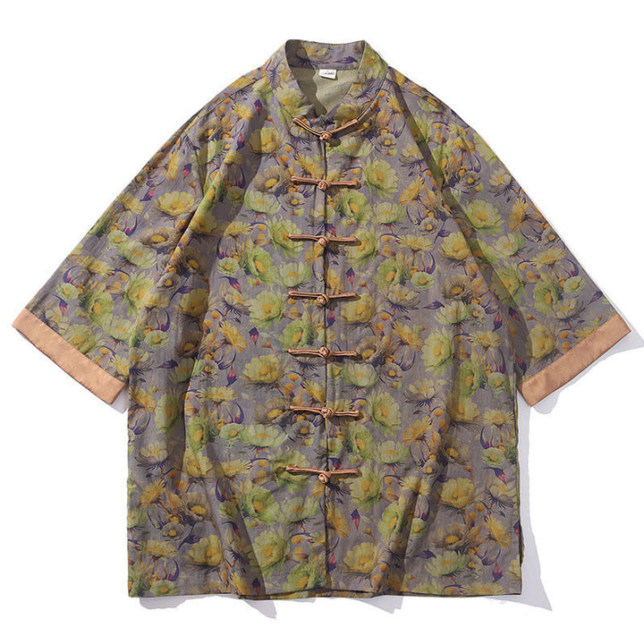 Buddha Stones Summer Colorful Floral Leaves Pattern Short Sleeve Frog-button Design Men's Cotton Shirt - image 17