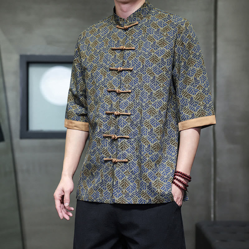 Buddha Stones Summer Colorful Floral Leaves Pattern Short Sleeve Frog-button Design Men's Cotton Shirt - RoyalBlue - US/UK/AU46，EU56 (5XL) - image 18