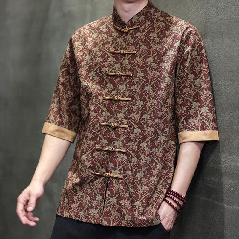 Buddha Stones Summer Colorful Floral Leaves Pattern Short Sleeve Frog-button Design Men's Cotton Shirt - image 4