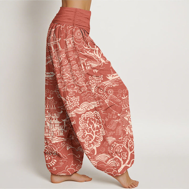 Buddha Stones Cotton Exquisite Tree Building Cloud Pattern Women's Elastic Waist Harem Pants - image 7