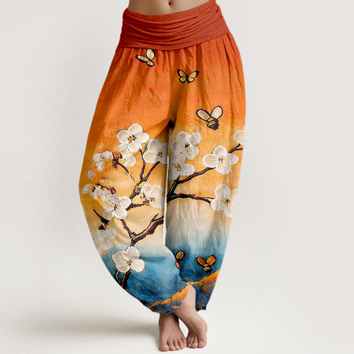 Buddha Stones Cotton Colourful Flower Butterfly Bee Pattern Women's Elastic Waist Harem Pants - DarkOrange - US16，UK/AU20，EU48 (3XL) - image 0