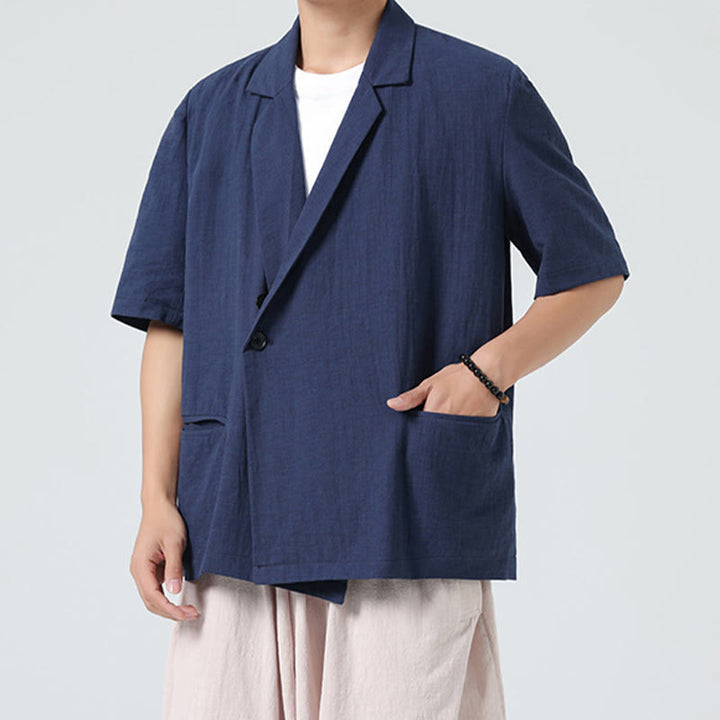 Buddha Stones Spring Plain Asymmetrical Lapel Collar Short Sleeve Men's Cotton Linen Shirt With Pockets - image 5