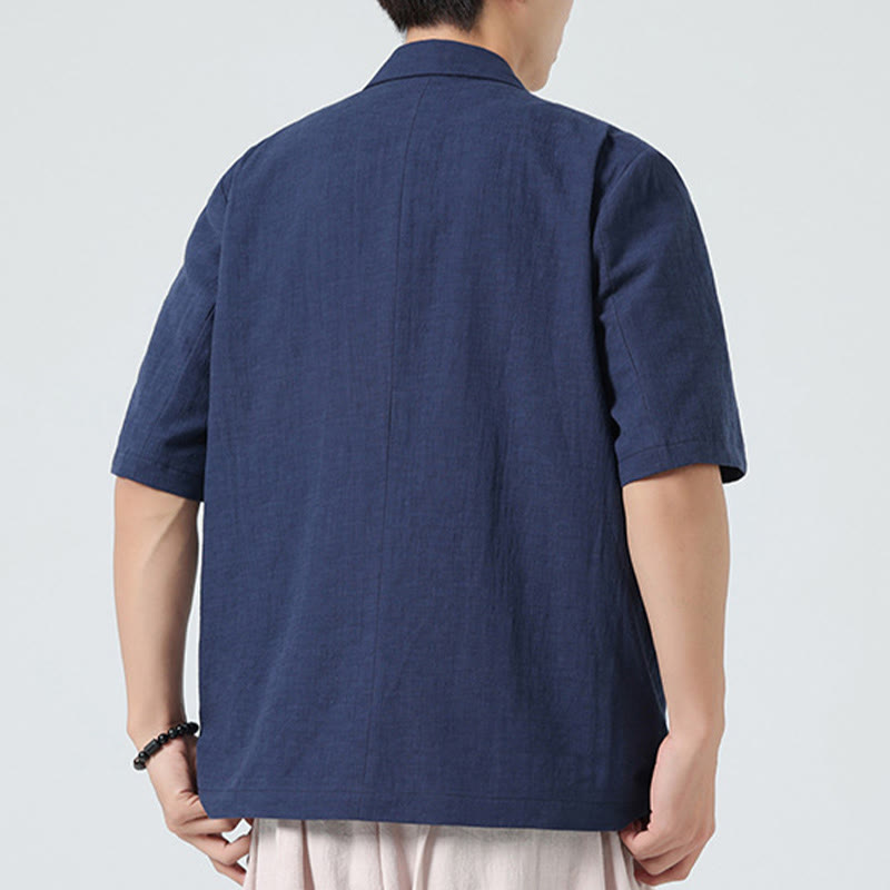 Buddha Stones Spring Plain Asymmetrical Lapel Collar Short Sleeve Men's Cotton Linen Shirt With Pockets - image 6