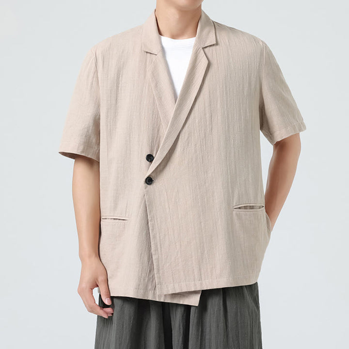 Buddha Stones Spring Plain Asymmetrical Lapel Collar Short Sleeve Men's Cotton Linen Shirt With Pockets - Wheat - US/UK/AU46，EU56 (5XL) - image 18